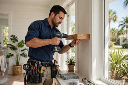 A handyman in a navy work shirt installing a shelf in a bright Florida home