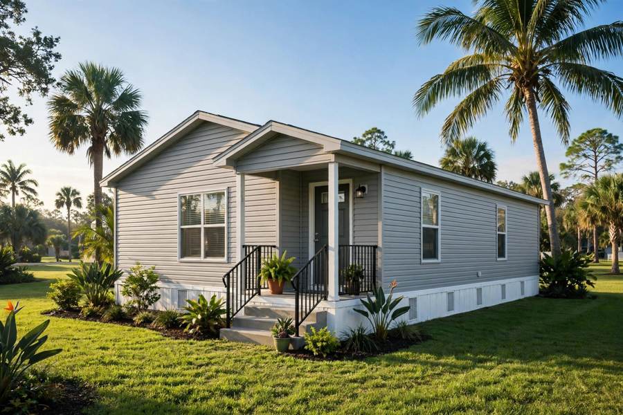 A manufactured home in Central Florida with skirting and a small porch — the kind of home the Mobile Home and Manufactured section prices work for